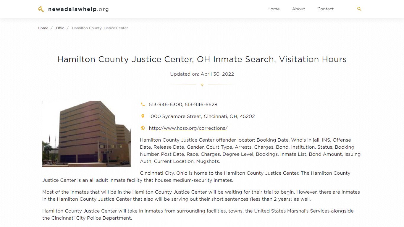 Hamilton County Justice Center , OH Inmate Search, Visitation Hours